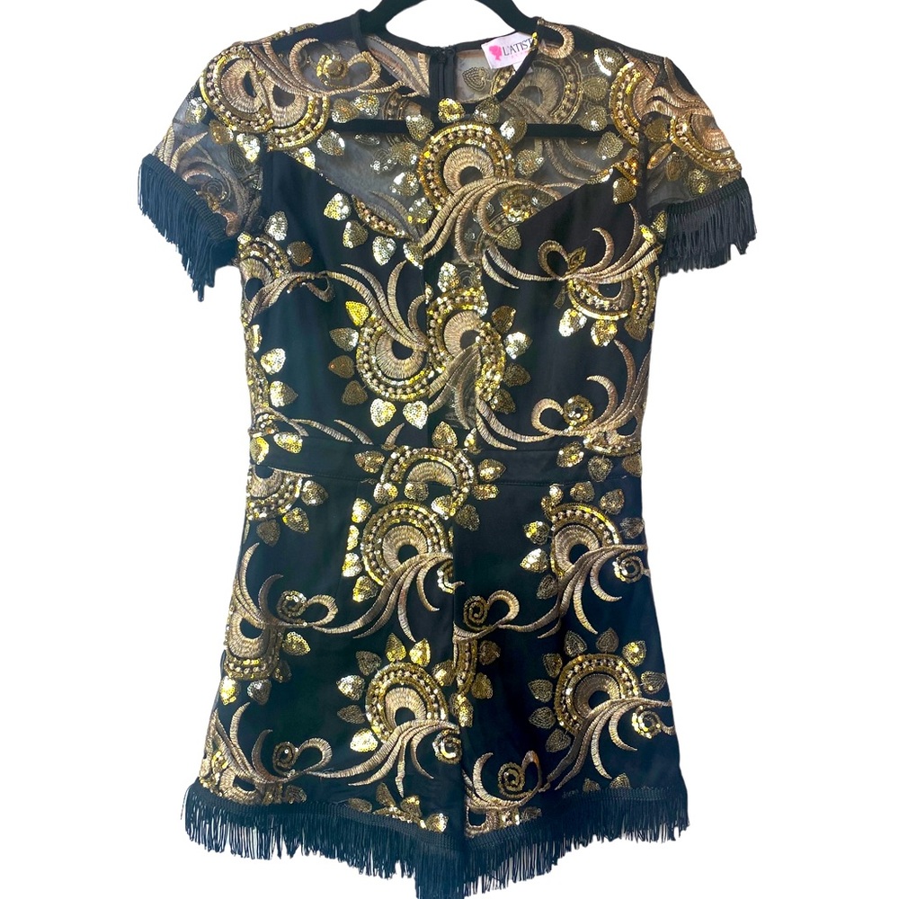 L'ATISTE Black & Gold Embellished Short Sleeve Romper